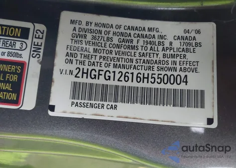 2006 Honda Civic Lx z USA, uszkodzony, nr VIN 2HGFG12616H550004